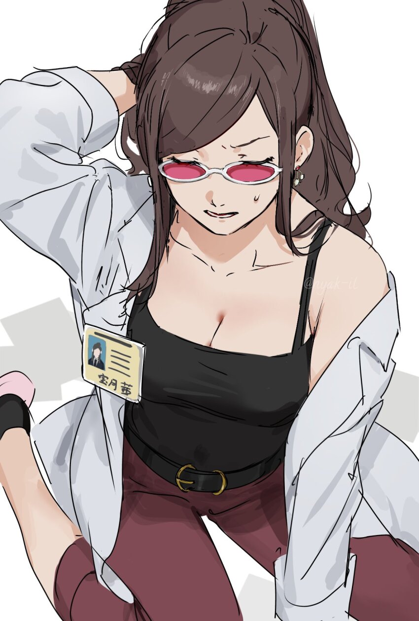 1girl, ace_attorney, belt, black_belt, breasts, brown_hair, cleavage, closed_eyes, coat, collarbone, ema_skye, glasses, hands_in_own_hair, highres, id_card, nyak_il, off_shoulder, pants, parted_lips, pink-tinted_eyewear, red_pants, simple_background, sitting, solo, tinted_eyewear, wariza, white-framed_eyewear, white_background, white_coat