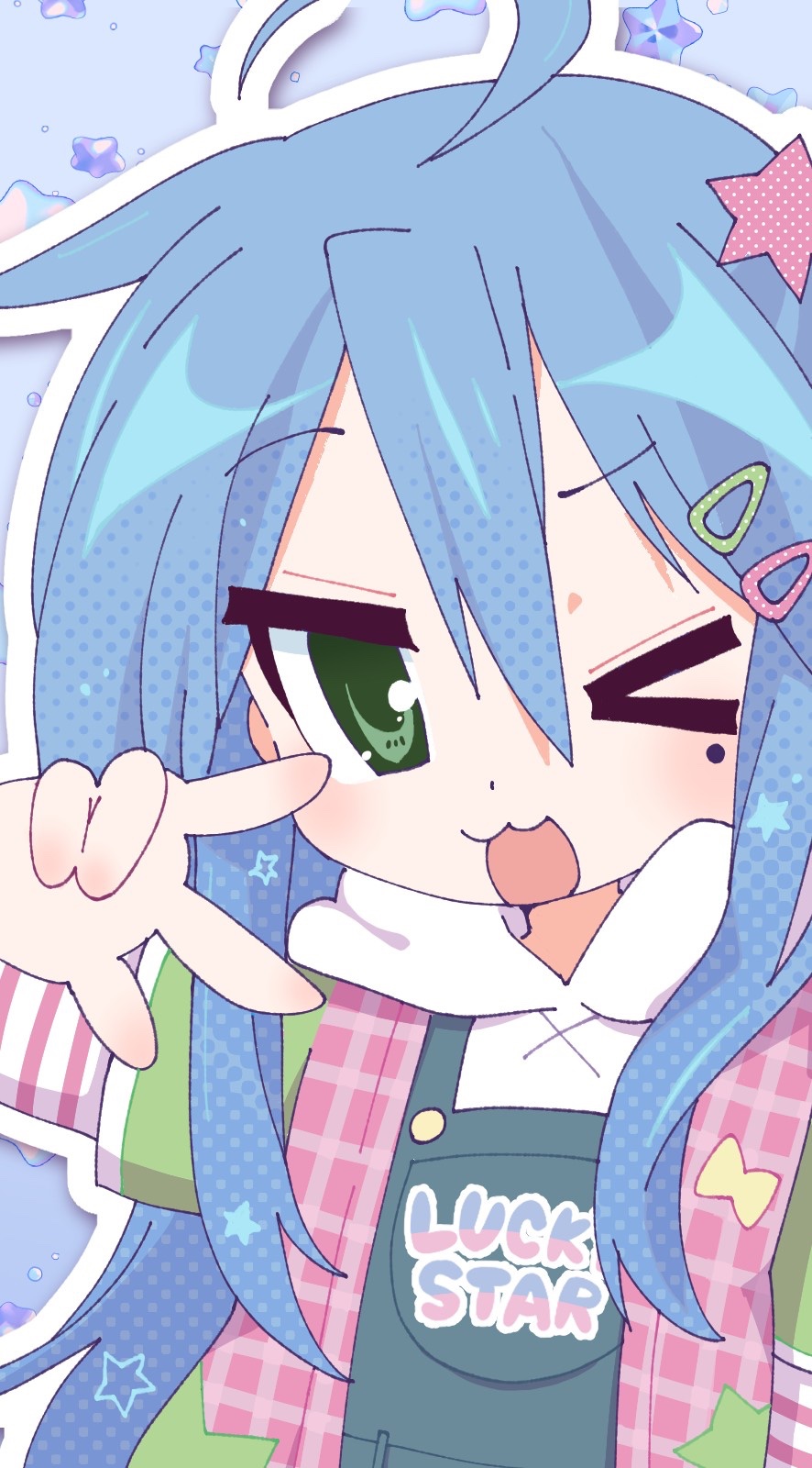 1girl, :3, ahoge, ben-day_dots, blue_background, blue_hair, bow, copyright_name