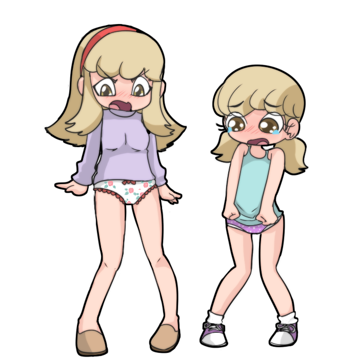 2girls, amber_(oot94), angry, bipinkbunny, blonde_hair, blue_shirt, blush, borrowed_character