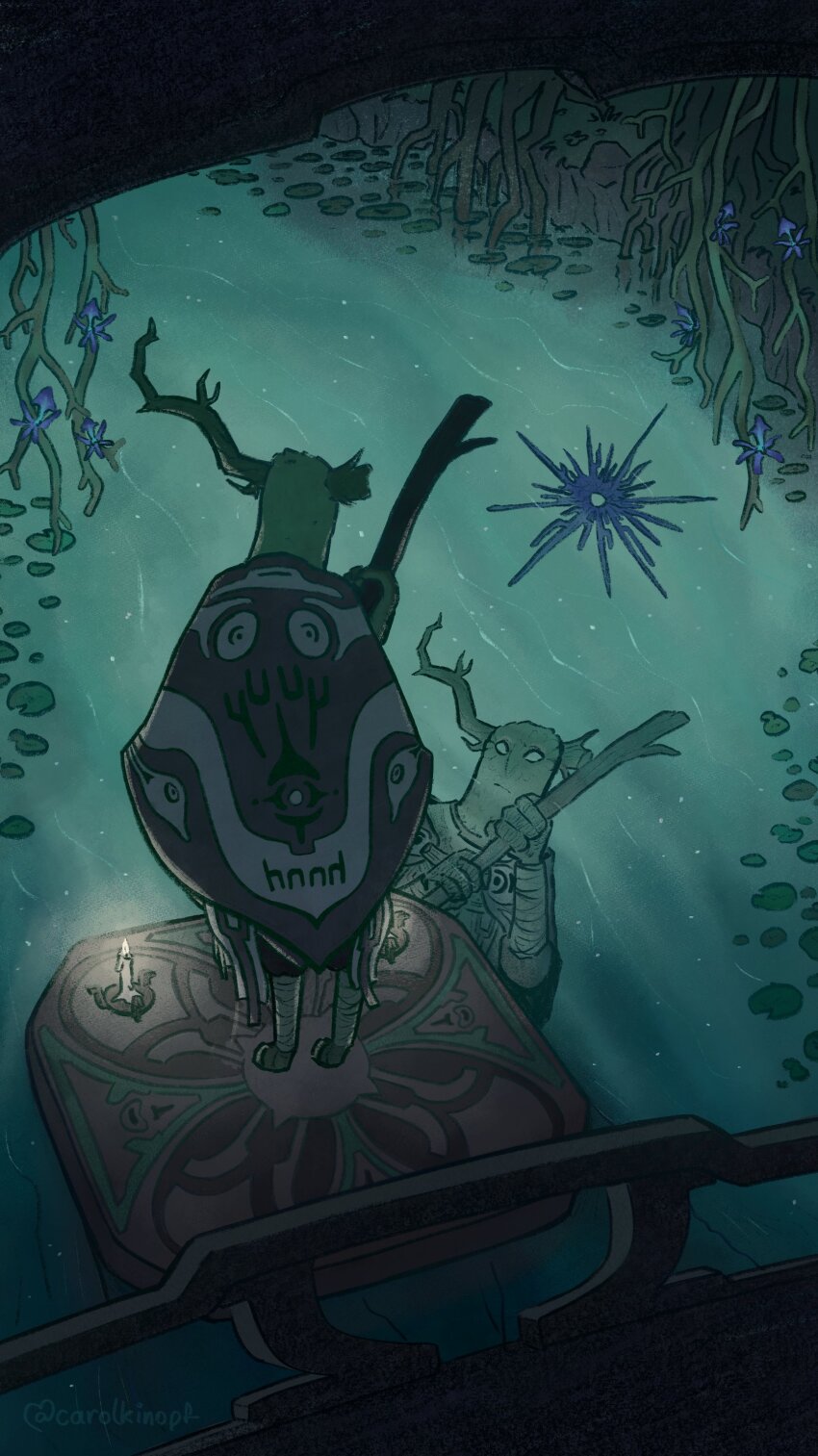 absurdres, alien, bandaged_arm, bandaged_leg, bandages, broken_horn, candle, carolkinopf