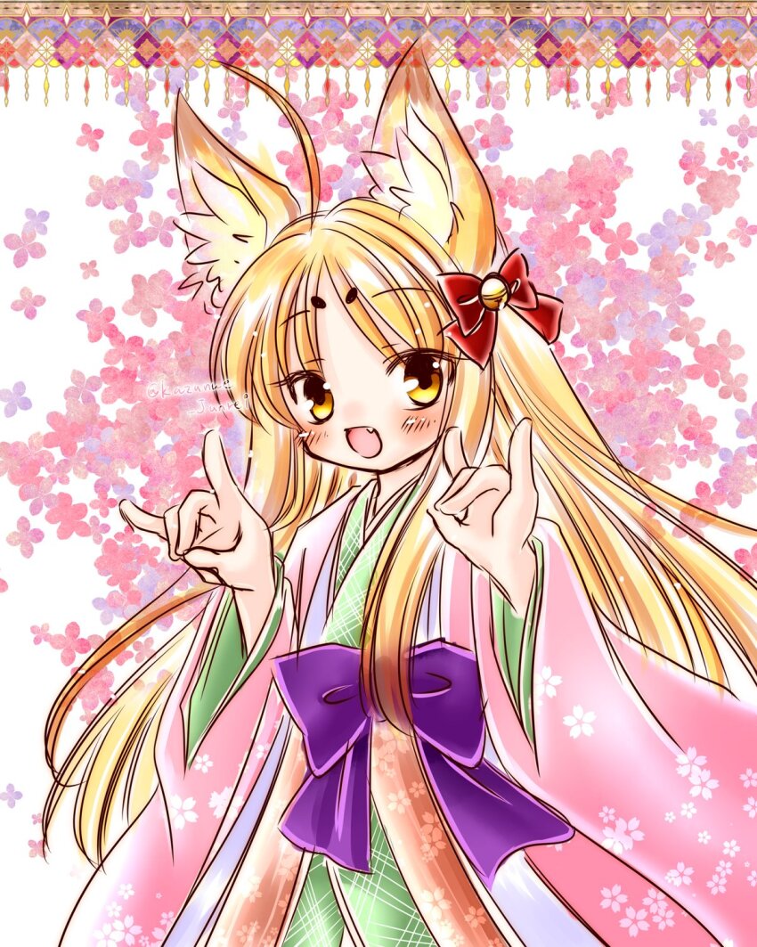 1girl, ahoge, animal_ears, bell, blonde_hair, emil_chronicle_online, fang, fox_ears, fox_girl, fox_shadow_puppet, hair_bell, hair_ornament, hair_ribbon, highres, japanese_clothes, kazunue_junrei, kimono, loki_alma, long_hair, open_mouth, purple_ribbon, red_ribbon, ribbon, yellow_eyes