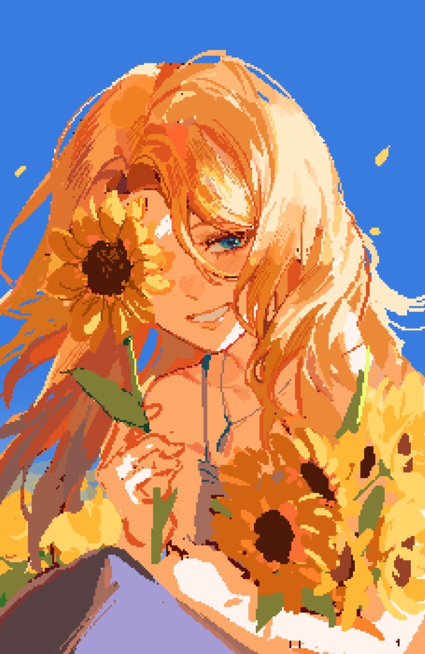 1girl, blonde_hair, blue_dress, blue_eyes, bouquet, dress, flower, haley_(stardew_valley), highres, jewelry, looking_at_viewer, nature, necklace, one_eye_covered, pelly.k, pixel_art, smile, solo, stardew_valley, sunflower