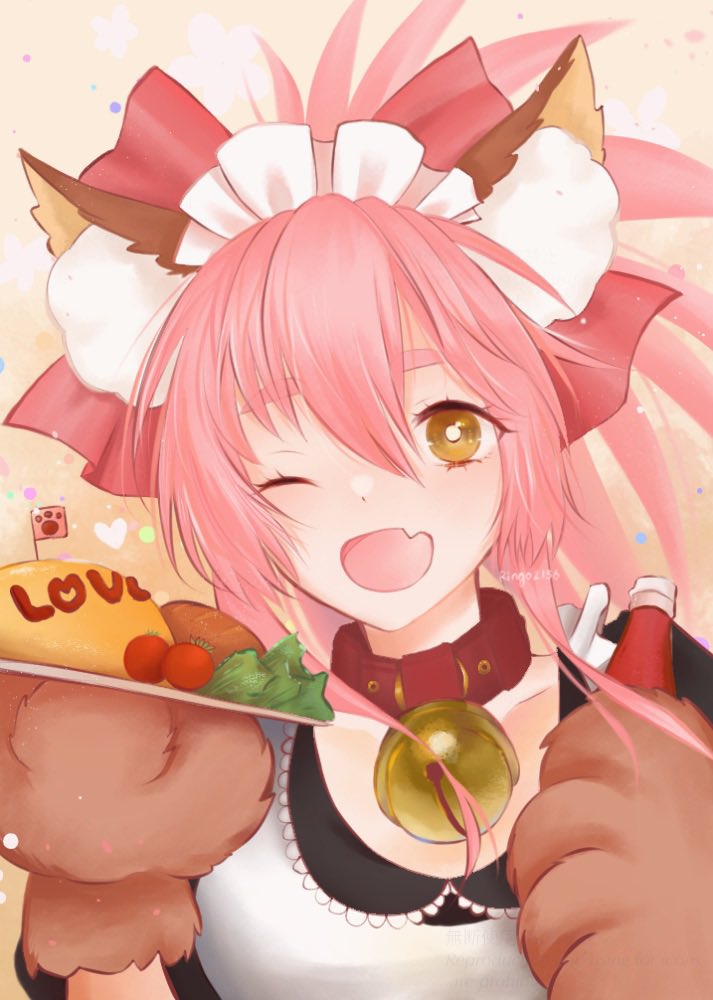 1girl, :d, animal_ear_fluff, animal_ears, animal_hands, apron, bell, bow