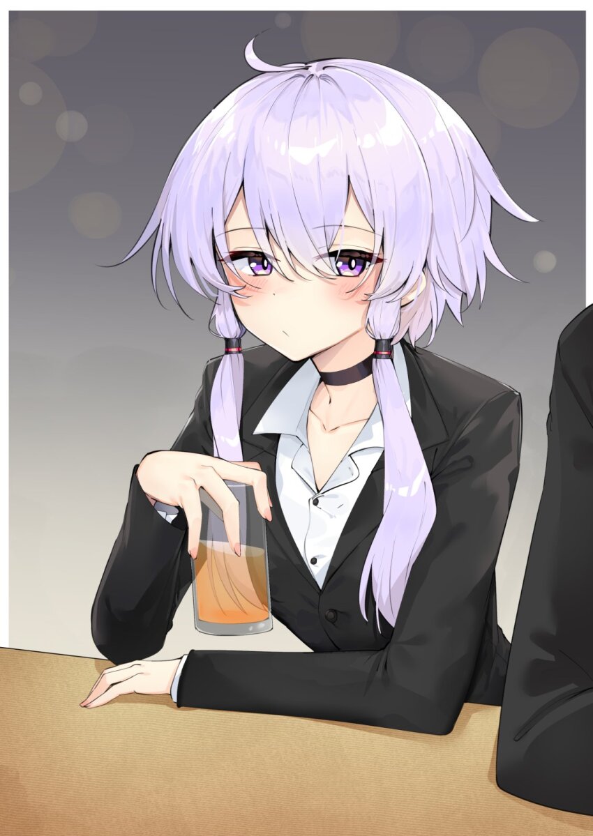 1girl, 1other, ahoge, alternate_costume, black_choker, black_suit, blush, buttons