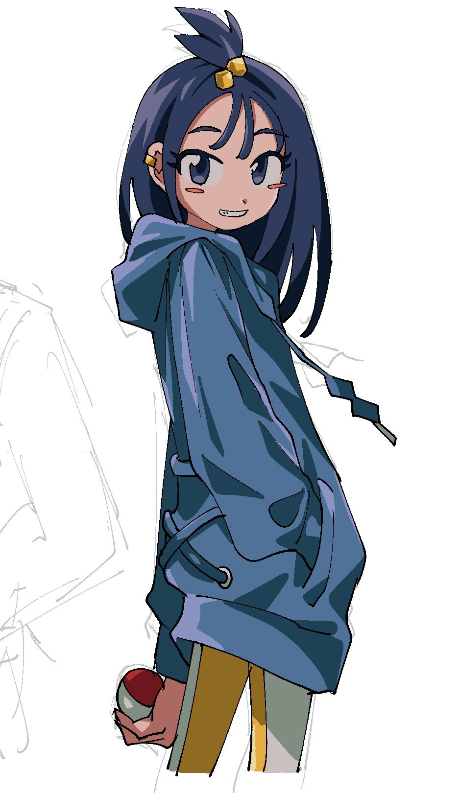1girl, black_hair, blue_eyes, blue_hoodie, blush, cube_hair_ornament, hair_ornament, highres, holding, holding_poke_ball, hood, hood_down, hoodie, leggings, lida_(pokemon), long_hair, long_sleeves, nintendo, nizaki_jitsu, open_mouth, pants, poke_ball, poke_ball_(basic), pokemon, pokemon_legends:_z-a, shirt, simple_background, smile, solo, teeth, topknot, two-tone_legwear, white_background, wispy_bangs
