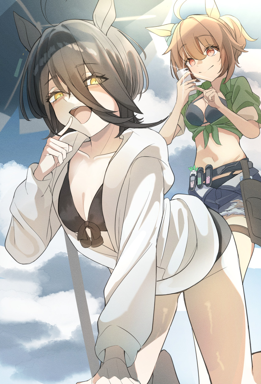 2girls, absurdres, agnes_tachyon_(umamusume), ahoge, animal_ears, arm_support, beach_umbrella, belt, bikini, black_bikini, black_hair, blue_bikini, blue_ribbon, blue_shorts, bow, breasts, brown_hair, brown_shirt, buckwheat638478, camera_flash, cellphone, cleavage, cloud, collarbone, cropped_shirt, daikon, day, ear_ornament, ear_ribbon, ear_tag, earrings, high-waist_bikini, high_ponytail, highres, holding, holding_phone, hood, hood_down, index_finger_raised, jacket, jewelry, light_rays, long_sleeves, looking_at_another, looking_at_viewer, manhattan_cafe_(umamusume), medium_breasts, multiple_girls, navel, open_fly, open_mouth, outdoors, partially_open_jacket, phone, ponytail, pouch, puffy_short_sleeves, puffy_sleeves, radish, red_eyes, ribbon, shirt, short_ponytail, short_sleeves, shorts, single_earring, sleeves_rolled_up, smartphone, smile, swimsuit, taking_picture, teeth, thigh_pouch, thigh_strap, tied_shirt, torn_clothes, torn_shorts, umamusume, umbrella, upper_teeth_only, white_jacket, yellow_eyes