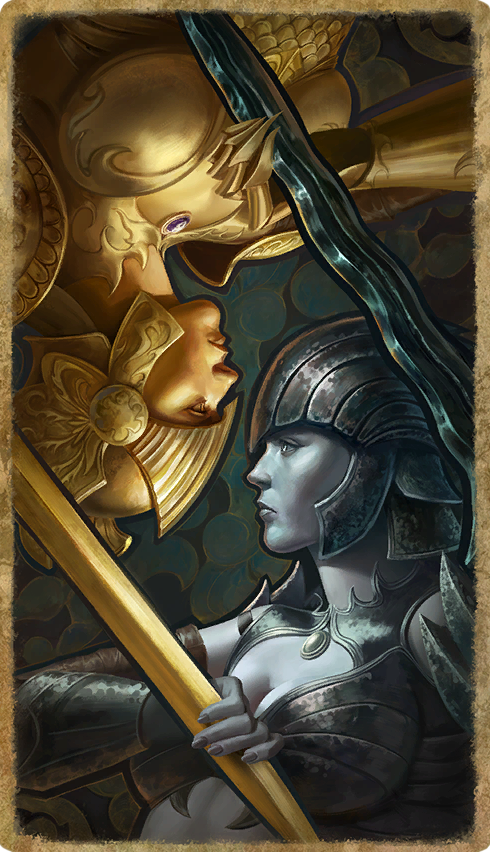 2girls, armor, art_nouveau, black_armor, black_weapon, blue_eyes, boobplate, breastplate