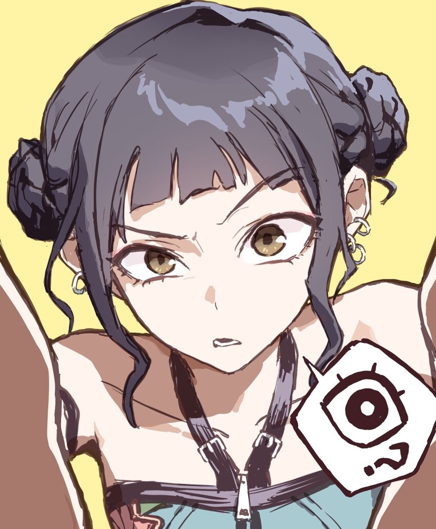 1girl, black_hair, blunt_bangs, brown_eyes, double_bun, earrings, hair_bun, halterneck, hashtag-only_commentary, highres, jewelry, kpop_demon_hunters, looking_at_viewer, m_arijuan_a, sidelocks, solo, upper_body, yellow_background, zoey_(kpop_demon_hunters)