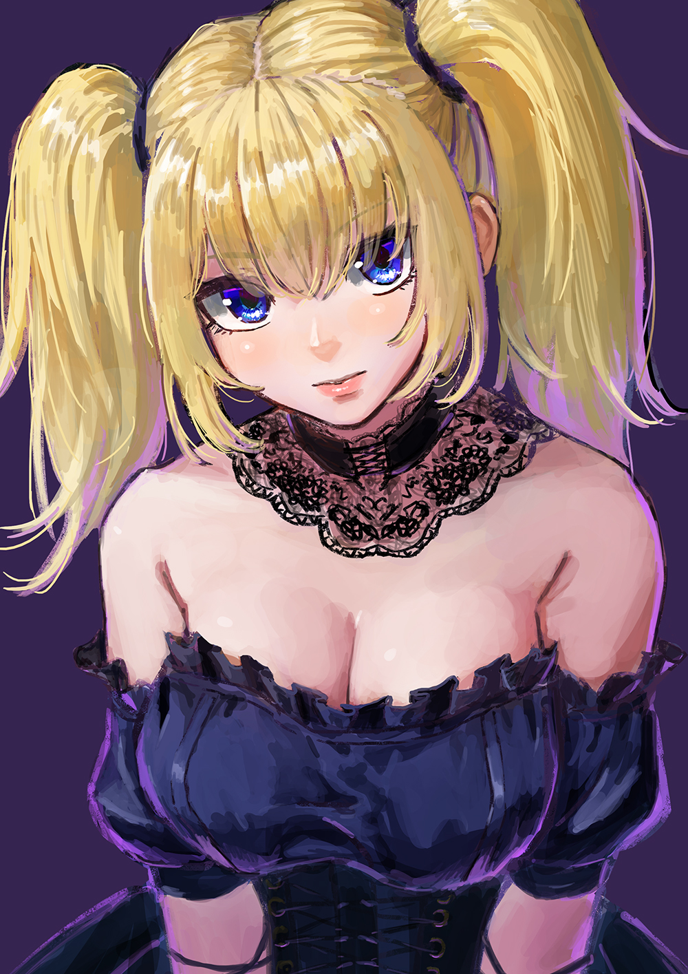 1girl, ani_(xai), black_dress, blonde_hair, blue_eyes, breasts, cleavage, closed_mouth