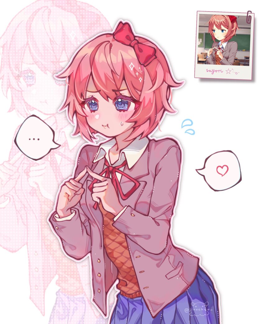 ..., 1girl, blue_eyes, blue_skirt, blush, bow, brown_vest, derivative_work