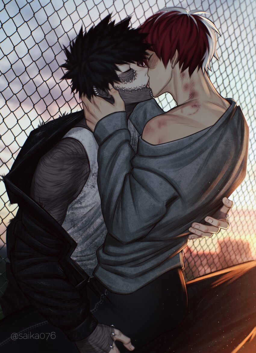 2boys, absurdres, alternate_costume, bite_mark, black_hair, boku_no_hero_academia, brothers, burn_scar