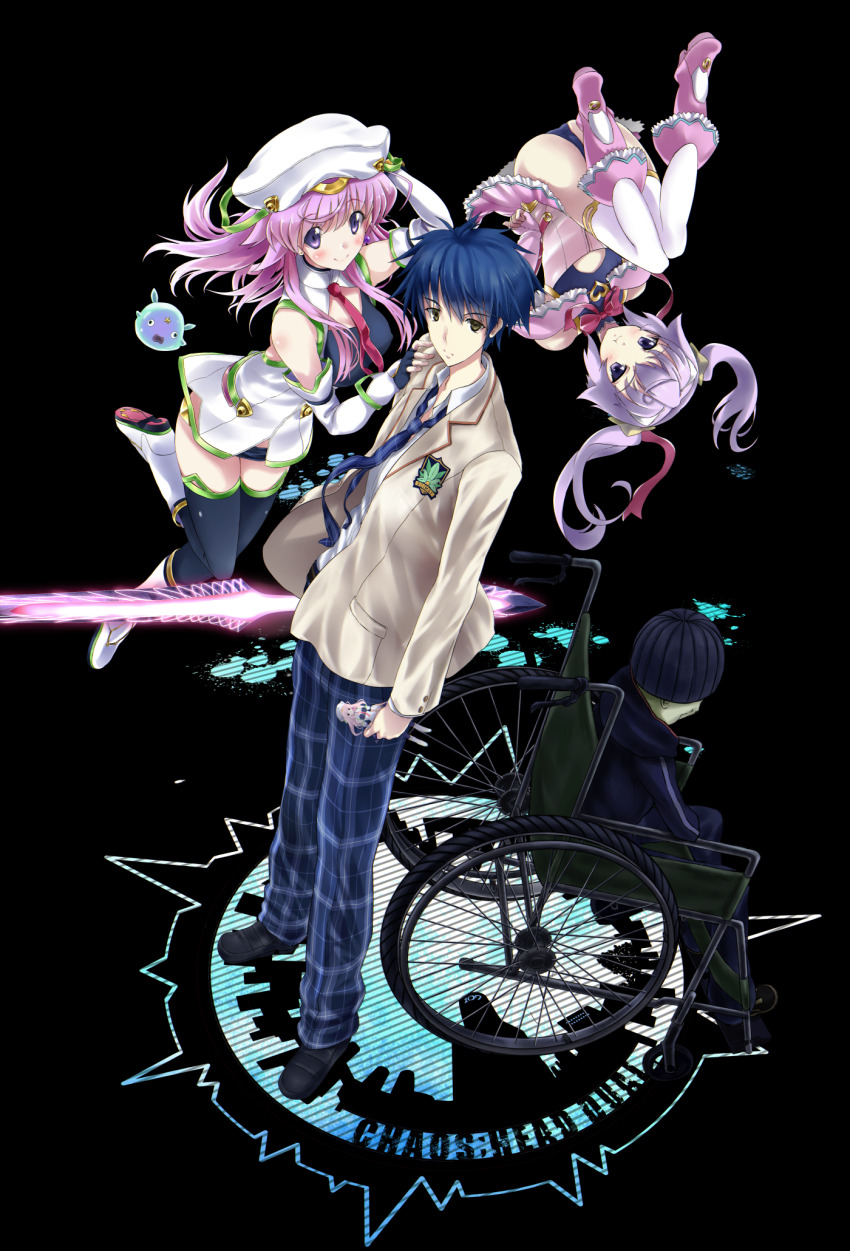 2boys, 2girls, beanie, black_arm_garter, black_panties, black_thighhighs, blazer, blood_tune