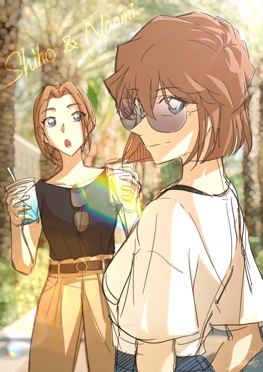 2girls, :o, artist_name, belt, black_shirt, blue_eyes, blurry, brown_belt