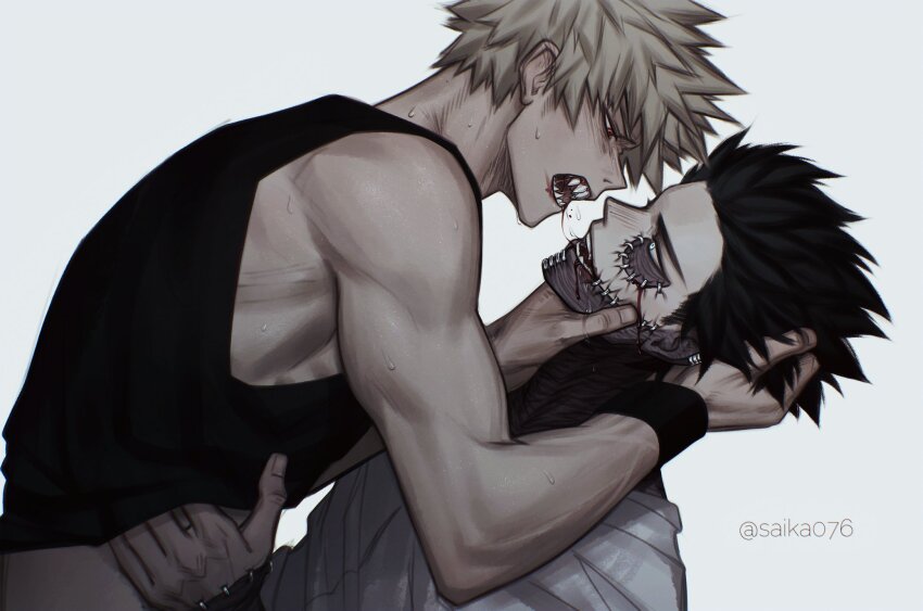 2boys, after_kiss, bakugou_katsuki, biceps, black_hair, black_tank_top, blonde_hair, blood