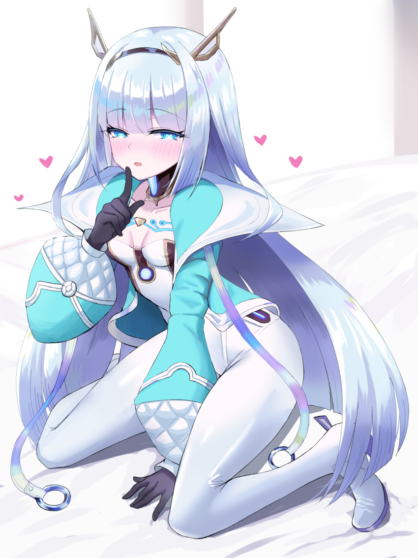 1girl, bed_sheet, between_legs, black_gloves, black_hairband, blue_jacket, blush, bodysuit