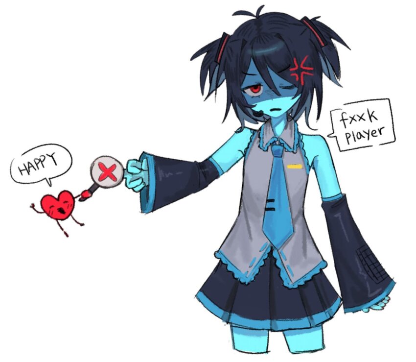 1other, anger_vein, black_skirt, black_sleeves, blue_skin, censored_profanity, collared_shirt, colored_skin, cosplay, cropped_legs, deltarune, deltarunelv, detached_sleeves, english_text, frown, grey_shirt, hatsune_miku, hatsune_miku_(cosplay), heart, holding, holding_sign, kris_(dark_world)_(deltarune), kris_(deltarune), long_sleeves, one_eye_closed, pleated_skirt, red_eyes, shirt, short_hair, sign, skirt, sleeveless, sleeveless_shirt, soul_(deltarune), two_side_up, utdr_(toby_fox), vocaloid, white_background