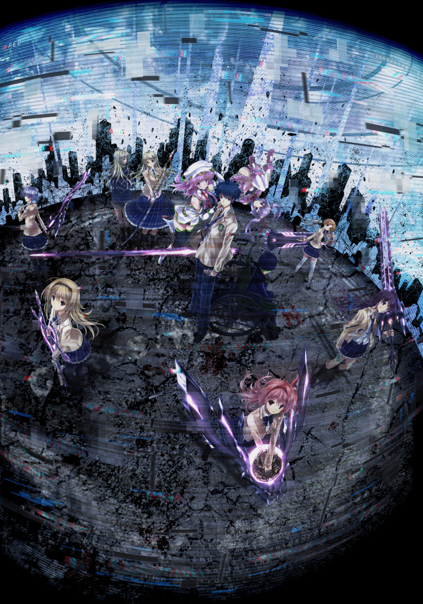 2boys, 6+girls, ahoge, antenna_hair, aoi_sena, bag, beanie, black_arm_garter