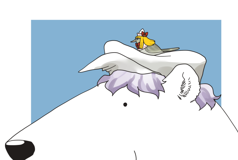 animal, animal_focus, animalization, bear, blonde_hair, blue_background, commentary_request, japanese_bush_warbler