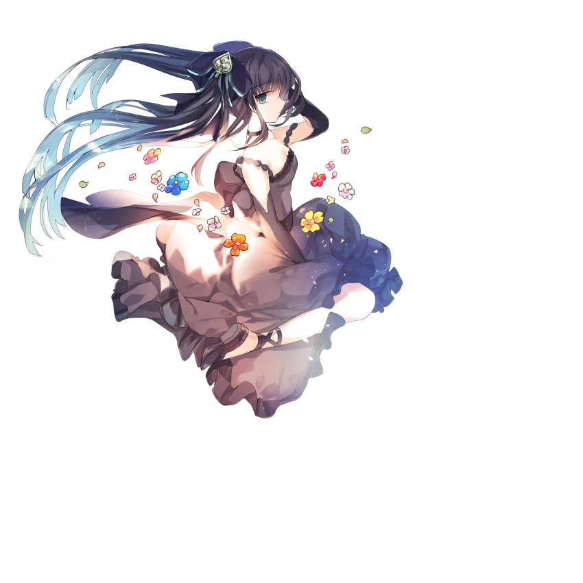1girl, ankle_lace-up, arcaea, back_bow, black_dress, black_gloves, black_hair, black_ribbon