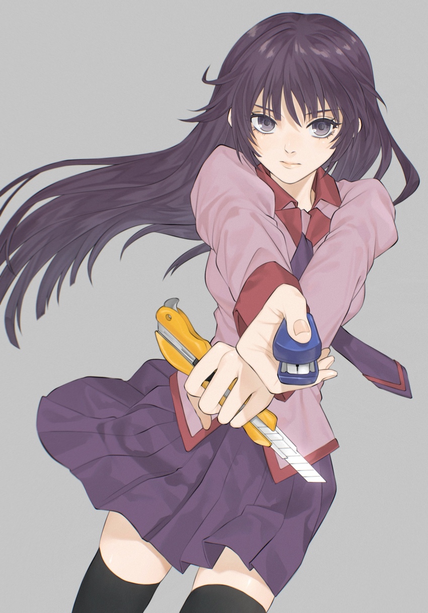 1girl, bakemonogatari, black_thighhighs, boxcutter, breasts, closed_mouth, collared_shirt, cowboy_shot