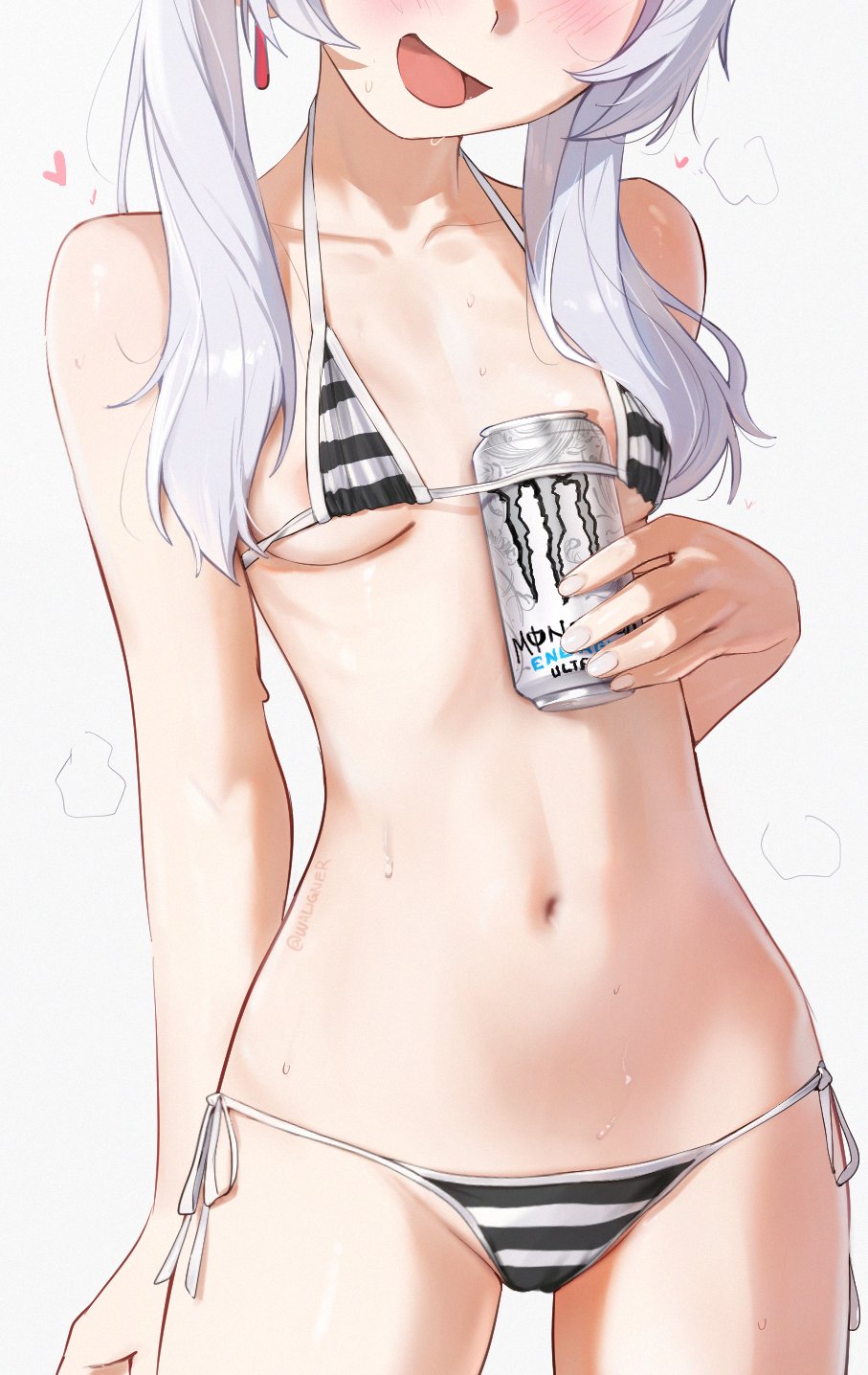 1girl, alternate_costume, areola_slip, bare_shoulders, bikini, blush, breasts, can, can_between_breasts, collarbone, commentary, cowboy_shot, drink_can, earrings, elf, energy_drink, english_commentary, eyes_out_of_frame, frieren, grey_hair, head_out_of_frame, head_tilt, heart, highres, holding, holding_can, jewelry, long_hair, micro_bikini, monster_energy, navel, open_mouth, pointy_ears, side-tie_bikini_bottom, simple_background, small_breasts, smile, solo, sousou_no_frieren, stomach, striped_bikini, striped_clothes, sweat, swimsuit, thighs, twintails, underboob, variant_set, waligner, white_background