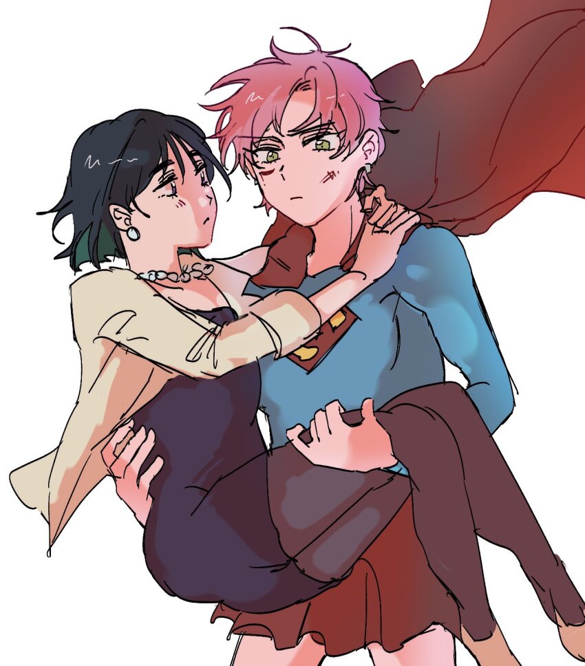 2girls, alien_stage, black_hair, bob_cut, cape, carrying, carrying_person, commentary