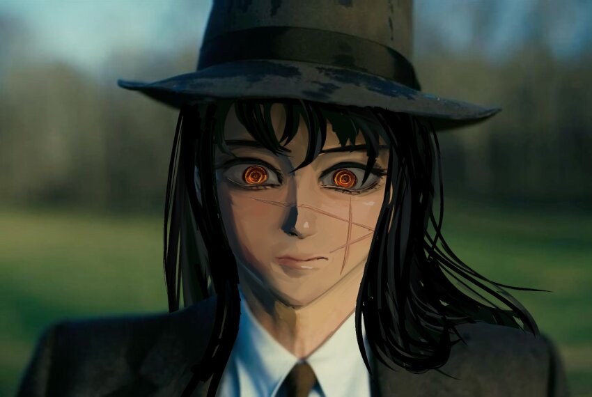 1girl, black_hair, black_hat, black_necktie, black_suit, chainsaw_man, dress_shirt, formal_clothes