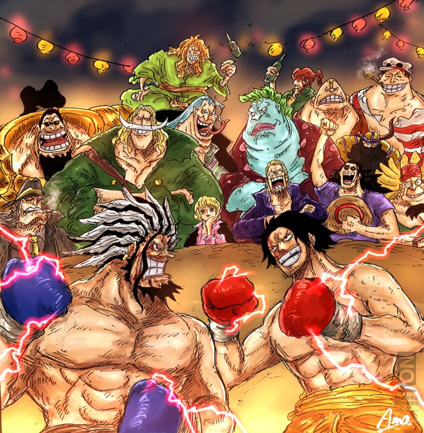 black_hair, boxing_gloves, buckingham_stussy, crocus_(one_piece), don_marlon, donquino_(one_piece), earrings, edward_newgate, facial_hair, gol_d._roger, gonzui_(one_piece), haki_(one_piece), highres, jewelry, kinjishi_no_shiki, millet_pine, muscular, muscular_male, ochoku_(one_piece), one_piece, rocks_d._xebec, scopper_gaban, seagull_guns_nozdon, silvers_rayleigh, spencer_(one_piece), sunbell_(one_piece), topless_male, white_hair, xginrw