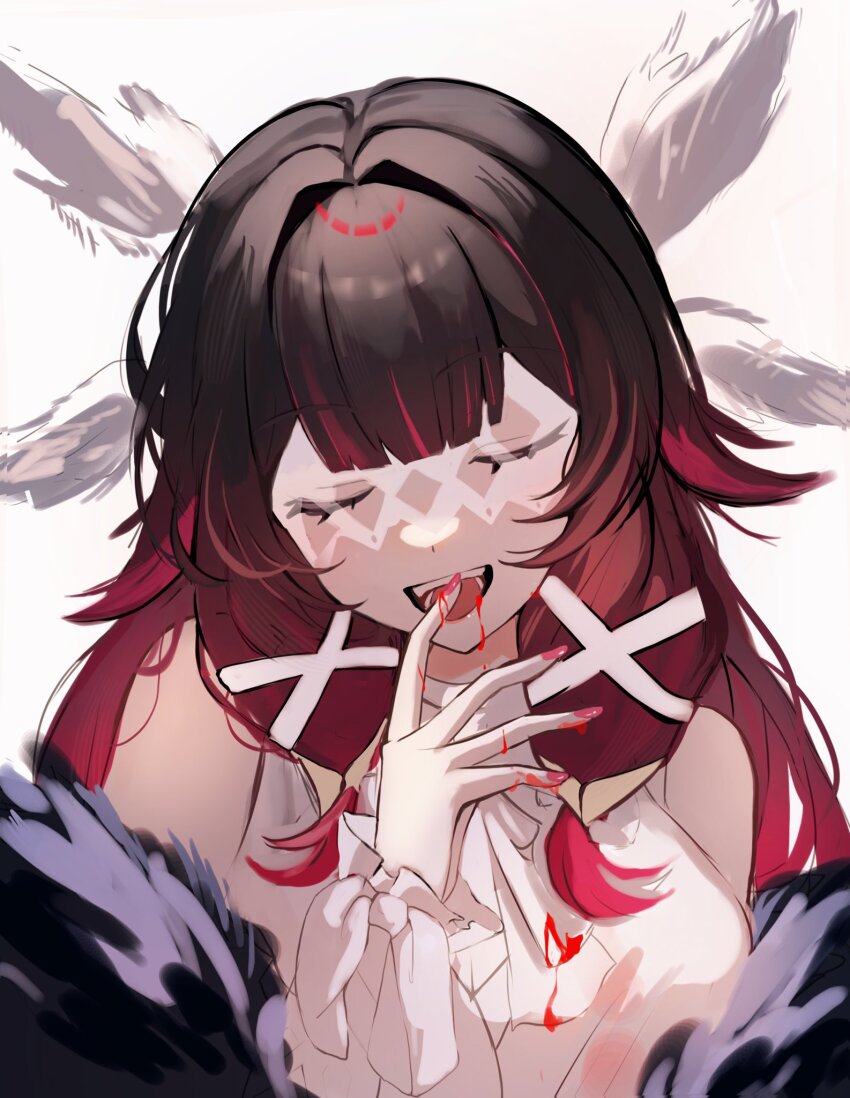 1girl, black_hair, blood, blood_on_hands, closed_eyes, columbina_(genshin_impact), eye_mask, finger_in_own_mouth