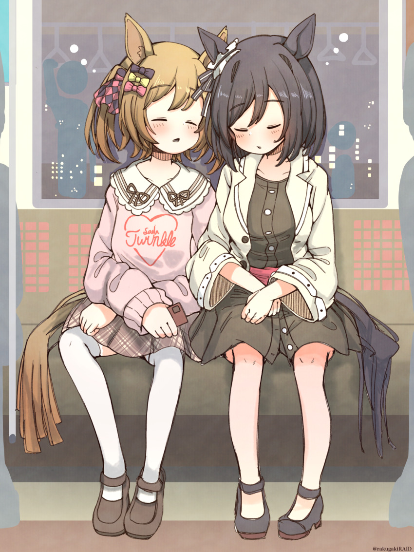 2girls, animal_ear_fluff, animal_ears, black_bow, black_dress, black_hair, black_shoes, blush
