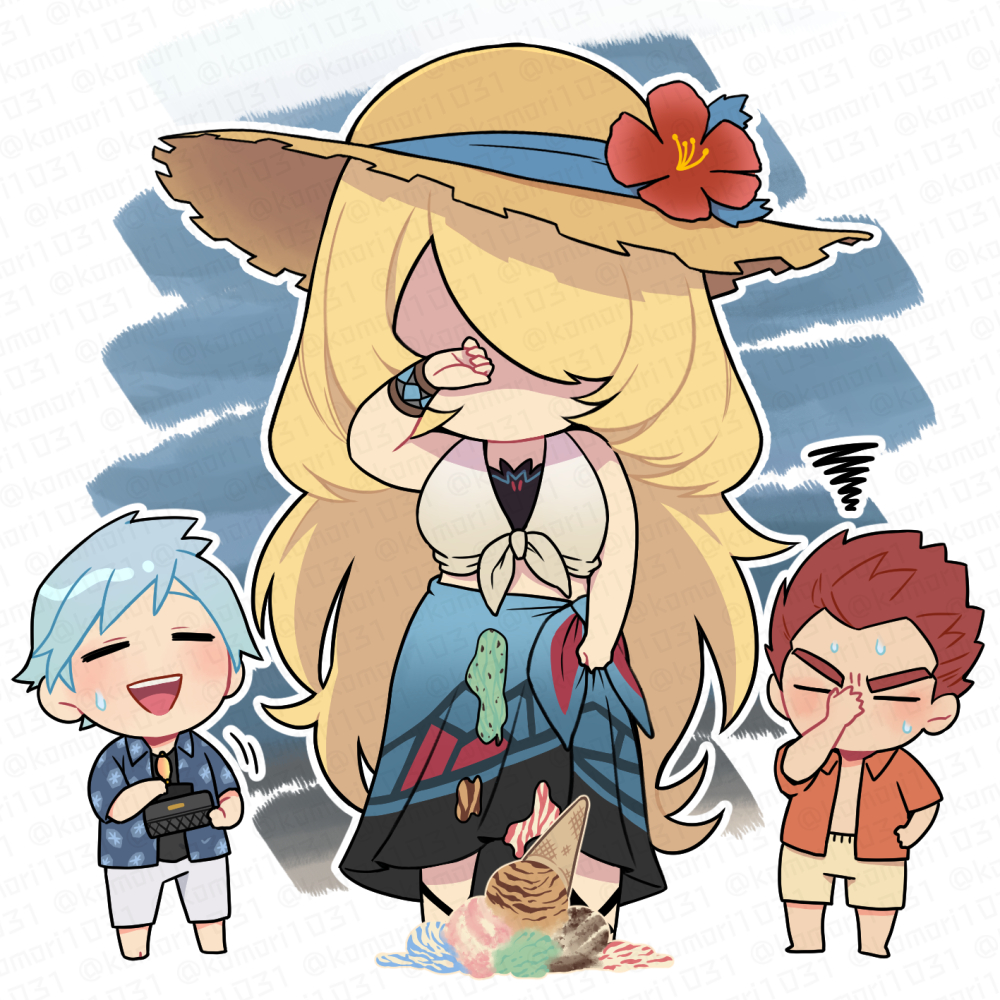 1girl, 2boys, alternate_costume, black_shirt, blonde_hair, blue_hair, blue_sarong, brown_hat, chibi, chibi_only, closed_eyes, crop_top, cynthia_(pokemon), cynthia_(summer_2025)_(pokemon), facepalm, flower, food, food_on_clothes, full_body, hair_over_one_eye, hat, hat_flower, holding, holding_wallet, ice_cream, ice_cream_cone, ice_cream_cone_spill, komoten_(yuigadokusontei), lance_(pokemon), long_hair, midriff, multiple_boys, nintendo, official_alternate_costume, open_clothes, open_mouth, open_shirt, orange_shirt, pokemon, pokemon_heartgold_and_soulsilver, pokemon_masters_ex, red_flower, red_hair, sarong, shaved_ice, shirt, short_hair, shorts, steven_stone, steven_stone_(summer_2020), sun_hat, sweat, sweatdrop, very_long_hair, wallet, white_shorts, yellow_shorts