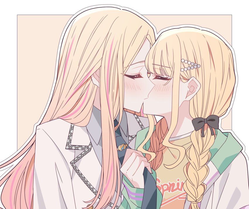 2girls, black_bow, black_necktie, blonde_hair, blush, border, bow, braid