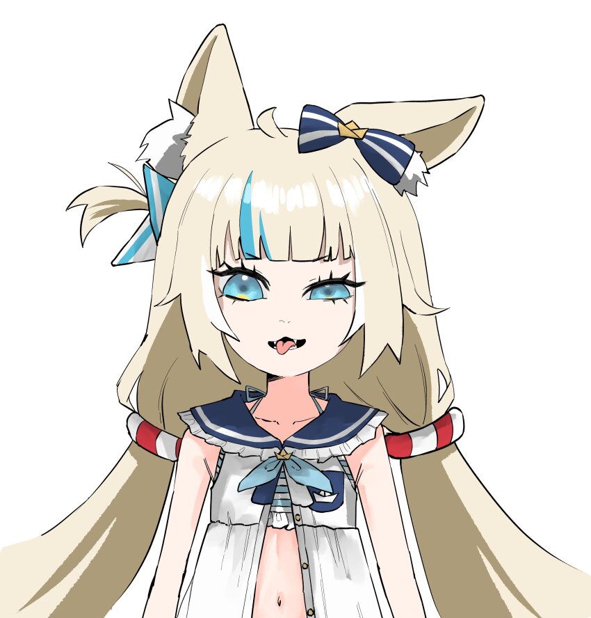 1girl, absurdres, animal_ears, blonde_hair, blue_bow, blue_eyes, blue_streaks, bow