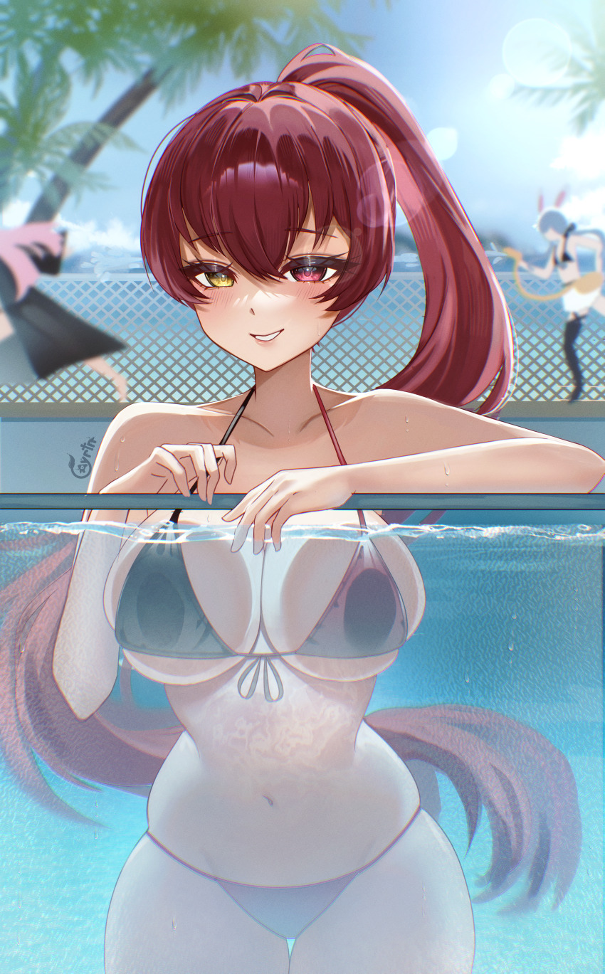 3girls, absurdres, ayrinsama, bikini, black_bikini, blurry, blurry_background, breasts