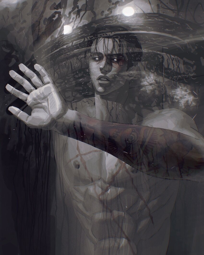 1boy, abs, arm_tattoo, black_hair, cross_scar, highres, lookism, male_focus, multiple_scars, muscular, muscular_male, nipples, omuteri, open_mouth, park_jong-geon, scar, scar_on_chest, scar_on_face, short_hair, solo, steam, tattoo, wet