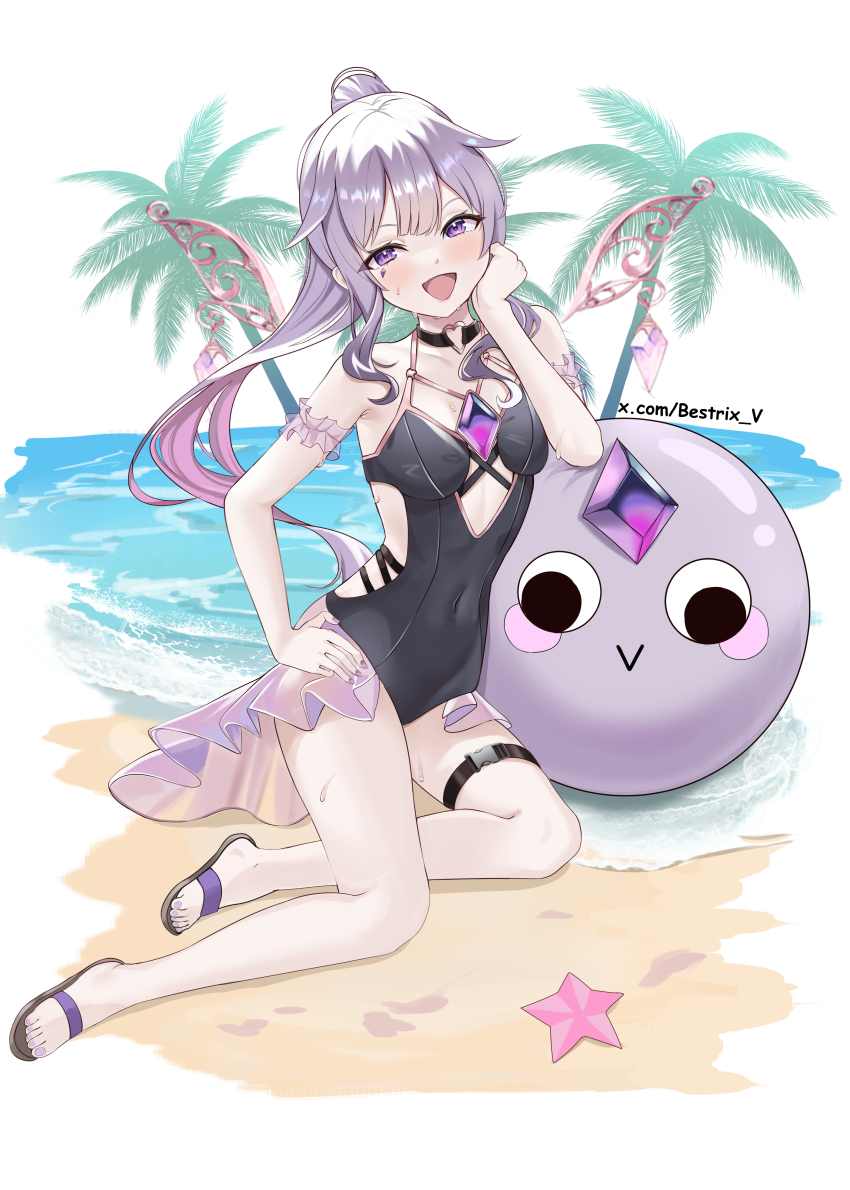 1girl, :d, absurdres, beach, bestrix, black_one-piece_swimsuit, breasts, chest_jewel