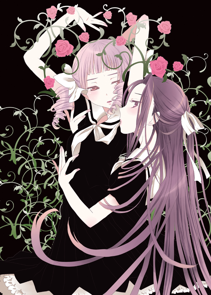 00s, 2girls, aikawa_ruru, arms_up, art_nouveau, bad_anatomy, bad_hands, curly_hair