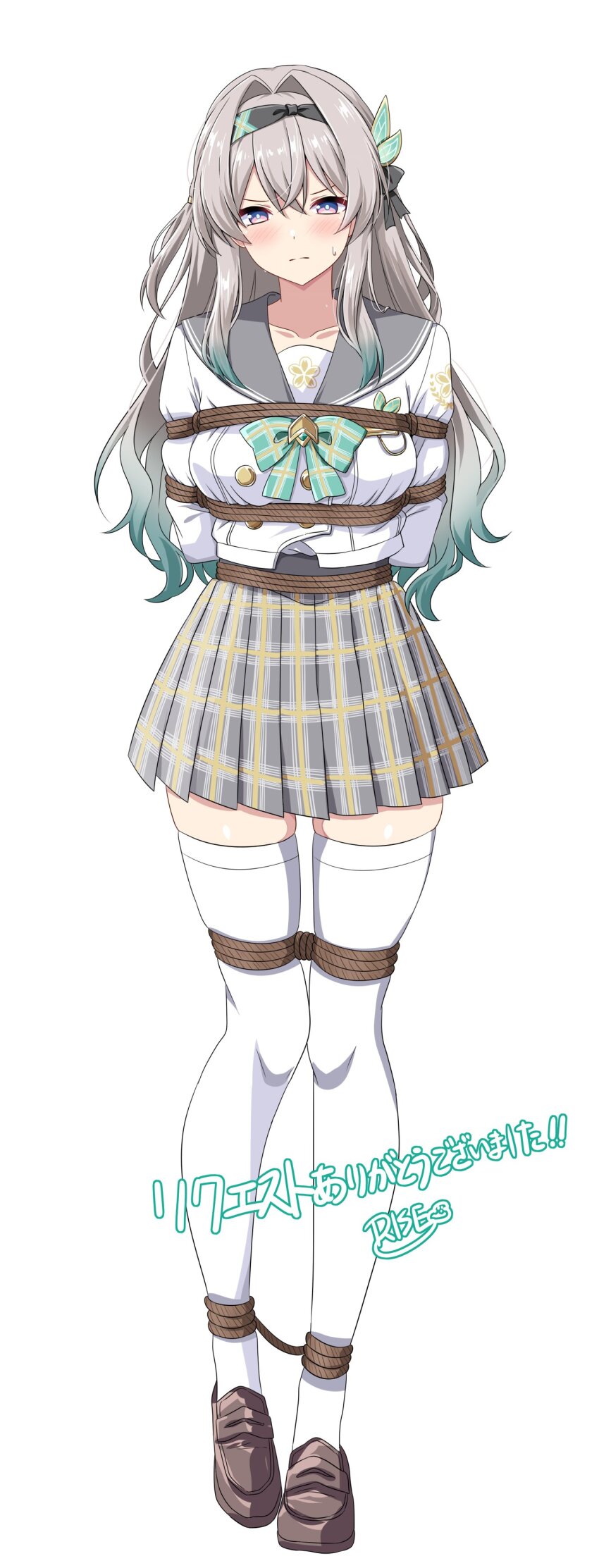 1girl, absurdres, arms_behind_back, bdsm, black_hairband, black_ribbon, blush, bondage