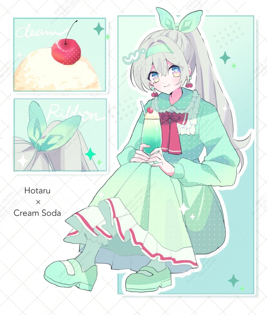 1girl, blush, bow, bowtie, cherry, cherry_earrings, closed_mouth, cream_soda_(soda), cup, dress, drinking_straw, earrings, firefly_(honkai:_star_rail), food, food-themed_earrings, food_themed_earrings, frilled_dress, frilled_shirt_collar, frills, fruit, gradient_eyes, green_dress, green_hairband, green_pupils, green_ribbon, green_shoes, green_skirt, grey_hair, hair_between_eyes, hair_intakes, hair_ornament, hair_ribbon, hairband, highres, holding, holding_cup, honkai:_star_rail, honkai_(series), jewelry, kanaria_(mint_tea1256), long_dress, long_hair, multicolored_eyes, ponytail, red_bow, red_bowtie, ribbon, shoes, skirt, smile, solo