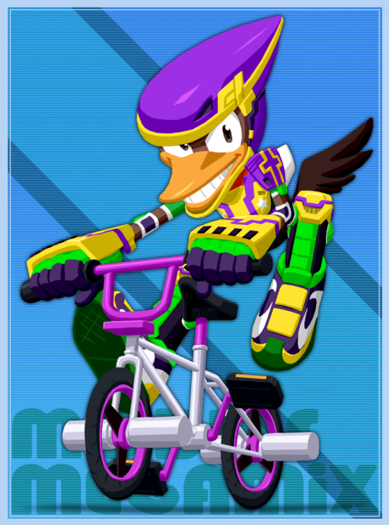 armor, armored_gloves, beak, bicycle, biker_clothes, bird, brown_eyes, charlie_(fighting_vipers), elbow_pads, english_text, fighting_vipers, fighting_vipers_2, furrification, furry, helmet, joeadok, knee_pads, looking_to_the_side, riding, sega, shoulder_armor, simple_background, smile, sonic_(series)