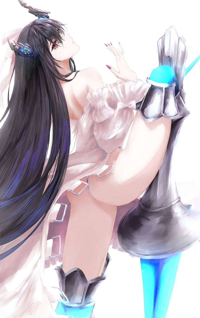 1girl, absurdres, ass, asymmetrical_horns, black_hair, black_horns, blue_hair, cosplay, fate/extra, fate/extra_ccc, fate/grand_order, fate_(series), highres, hololive, hololive_english, horns, kizuru09, knee_spikes, knee_up, leg_blade, leg_lift, long_hair, meltryllis_(fate), meltryllis_(fate)_(cosplay), meltryllis_(third_ascension)_(fate), multicolored_hair, nerissa_ravencroft, prosthesis, prosthetic_leg, red_eyes, red_nails, slit_pupils, solo, very_long_hair, virtual_youtuber, white_background