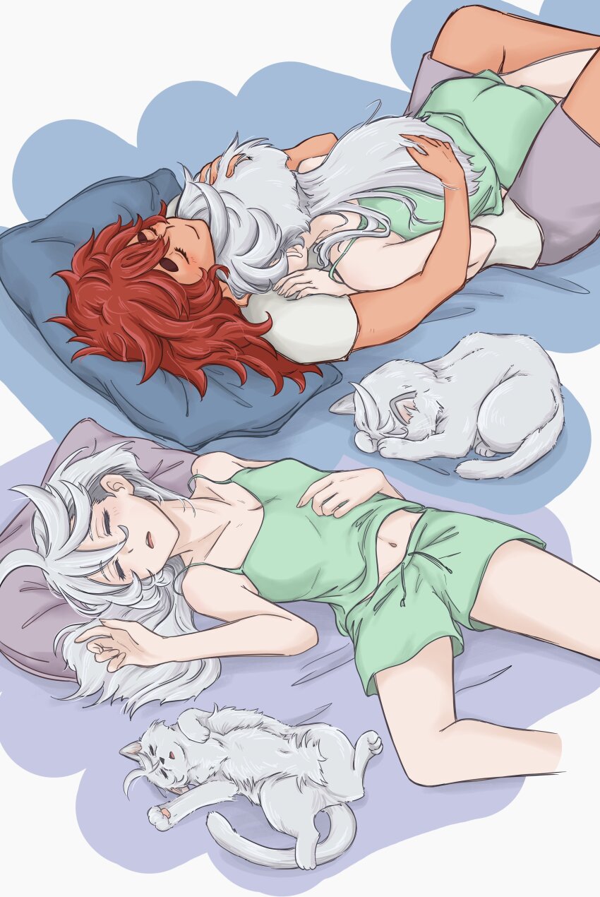 2girls, absurdres, animalization, between_legs, camisole, cat, closed_eyes, commentary_request