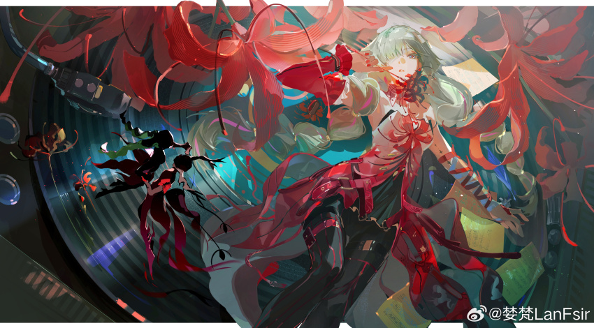 1girl, absurdres, bandage_over_one_eye, bandaged_arm, bandages, black_pantyhose, chinese_commentary, commentary_request