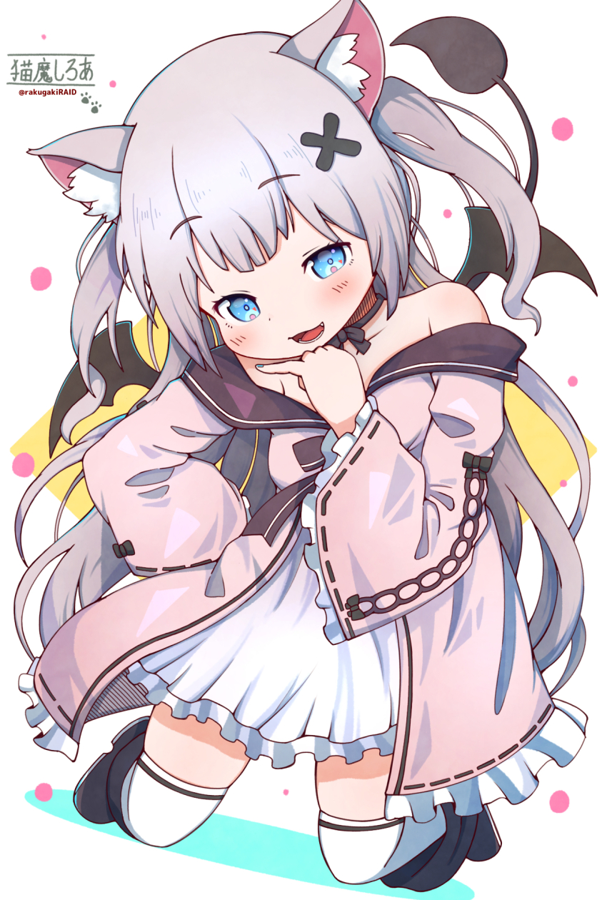 1girl, :d, animal_ear_fluff, animal_ears, bare_shoulders, black_boots, black_wings, blue_eyes