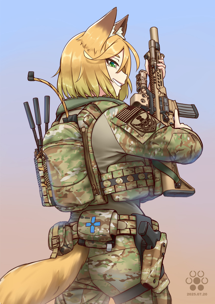 1girl, american_flag, ammunition_pouch, animal_ears, ass, assault_rifle, back, backpack, bag, belt, belt_pouch, blonde_hair, blue_background, brown_background, bulletproof_vest, camouflage, camouflage_bag, camouflage_belt, camouflage_jacket, camouflage_pants, commentary, cowboy_shot, dated, english_commentary, eotech, first_aid, flag_patch, flashlight, fox_ears, fox_girl, fox_tail, glock, gradient_background, green_eyes, grin, gun, handgun, highres, holding, holding_gun, holding_weapon, holster, jacket, jpc, laser_sight, load_bearing_vest, logo, long_sleeves, looking_at_viewer, looking_back, magazine_(weapon), military_combat_uniform, military_operator, military_uniform, optical_sight, original, pants, pouch, rifle, short_hair, sig_mcx, simple_background, smile, solo, standing, suppressor, tail, trigger_discipline, unit_patch, weapon, zipper, zipper_pull_tab