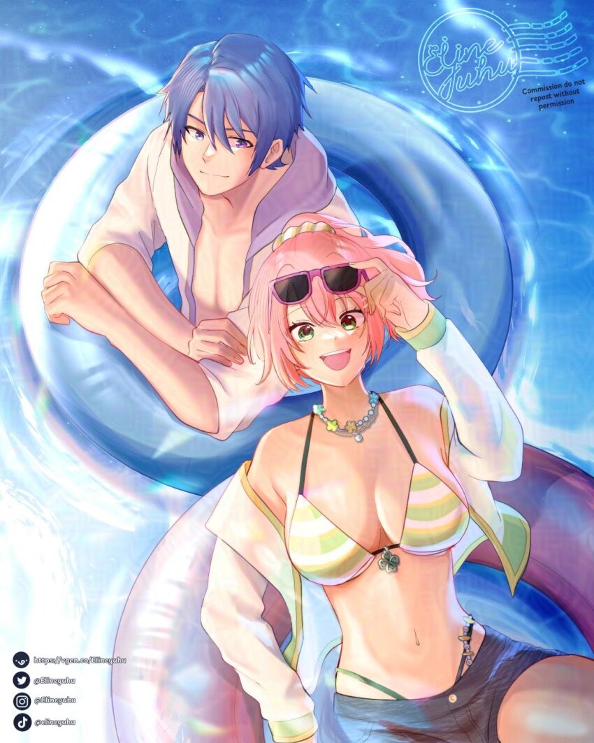 1boy, 1girl, artist_logo, bikini, blue_hair, breasts, cleavage, closed_mouth, commentary, commission, double-parted_bangs, eiyuu_densetsu, elineyuhu, english_commentary, english_text, eyewear_on_head, floating, hair_between_eyes, hajimari_no_kiseki, highres, innertube, instagram_logo, instagram_username, jewelry, juna_crawford, kurt_vander, large_breasts, logo, looking_at_viewer, male_focus, necklace, open_mouth, parted_bangs, pink_hair, pixiv_username, ponytail, short_hair, sidelocks, smile, stomach, sunglasses, swim_ring, swimsuit, tiktok_logo, tiktok_username, twitter_logo, twitter_username