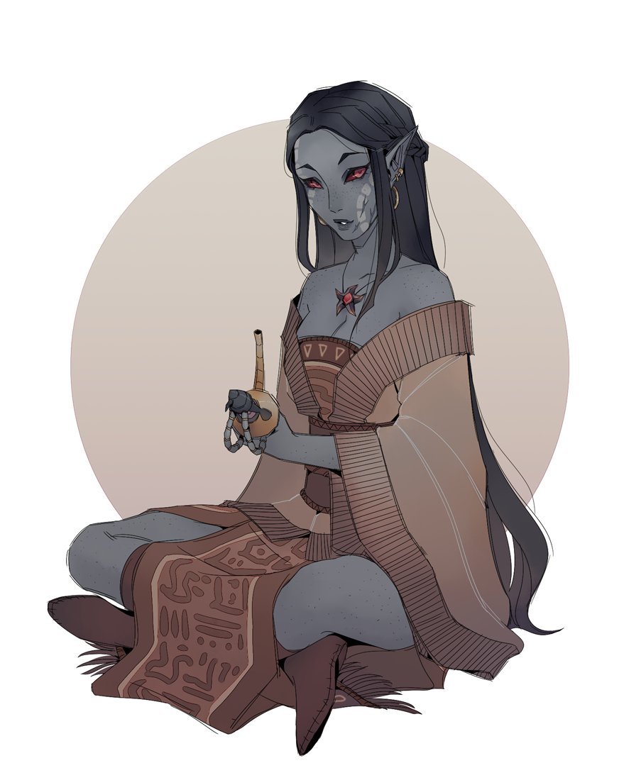 1girl, bammyblabs, breasts, brown_background, brown_dress, cleavage, colored_skin, commission, dark-skinned_female, dark_elf, dark_skin, dress, earrings, elf, facepaint, full_body, grey_skin, holding, indian_style, jewelry, long_hair, looking_at_viewer, medium_breasts, necklace, nerevarine_(morrowind), pelvic_curtain, pointy_ears, red_eyes, sitting, solo, the_elder_scrolls, the_elder_scrolls_iii:_morrowind, two-tone_background, very_long_hair, white_background