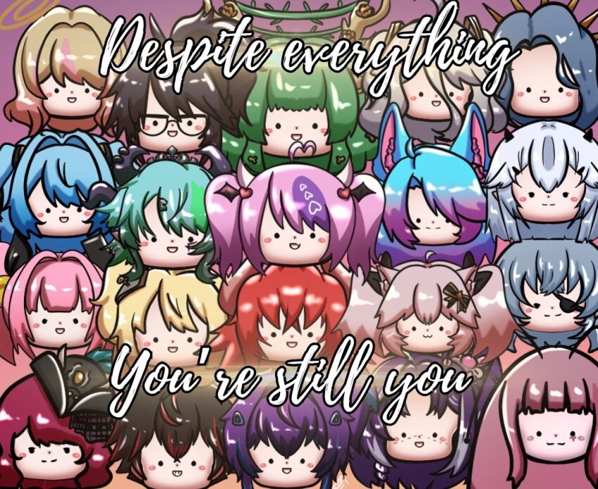 1boy, 6+girls, :3, :d, akatsuki_hotaru, animal_ears, antennae, antlers, apricot_the_lich, black_hair, blonde_hair, blue_hair, blush, blush_stickers, bow, cat_ears, chibi, chibi_only, demon_horns, dragon_horns, english_text, eyepatch, general_geega, glasses, green_hair, grey_hair, group_picture, hair_bow, hair_ornament, halo, haruka_karibu, head_only, henya_the_genius, hestia_happiness, hime_hajime, horns, indie_virtual_youtuber, ironmouse, kifecreations, kson, kuro_kurenai, matara_kan, melody_(projektmelody), michi_mochievee, monarch_amalee, multiple_girls, nyatasha_nyanners, okamoto_nagi, open_mouth, outline, pink_background, pink_hair, purple_hair, red_hair, silvervale, simple_background, smile, twintails, vei_(vtuber), virtual_youtuber, white_hair, wolf_ears, zentreya