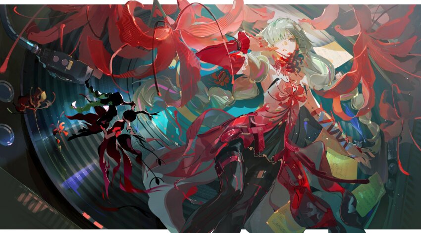 1girl, bandage_over_one_eye, bandaged_arm, bandages, black_pantyhose, commentary, detached_sleeves, dress, flower, gradient_clothes, gradient_dress, grey_hair, halter_dress, halterneck, hand_up, highres, holding, holding_flower, lanfsir, long_hair, looking_at_viewer, nail_polish, pantyhose, parted_lips, phrolova_(wuthering_waves), red_dress, red_flower, red_nails, single_detached_sleeve, solo, spider_lily, untranslatable_commentary, tacet_mark_(wuthering_waves), wuthering_waves