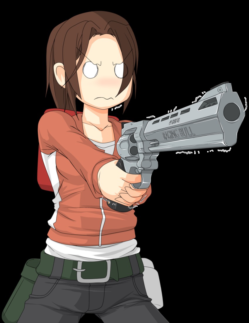 1girl, female_focus, finger_on_trigger, foreshortening, gun, handgun, hangaku, highres, holster, left_4_dead, left_4_dead_1, o_o, raging_bull, revolver, solo, transparent_background, weapon, zoey_(left4dead)